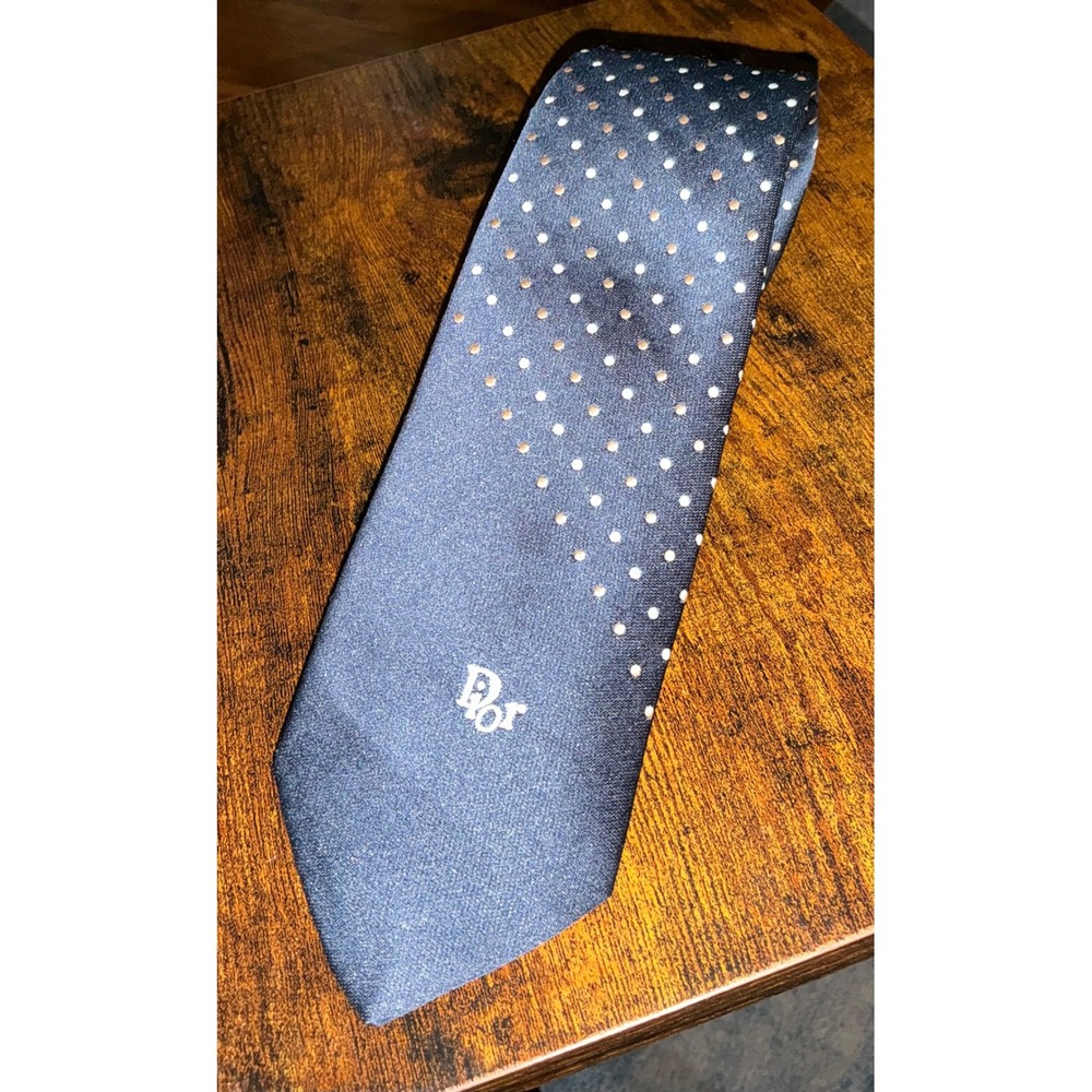 Christian Dior Cravates Vintage Navy Polka Dot Silk Tie Logo Men Accessory
